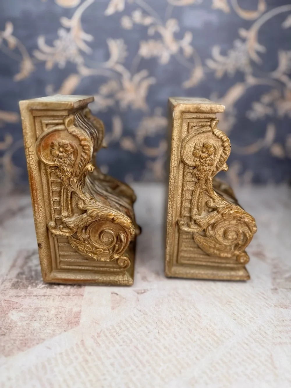 Vintage Ornate Bookends Faux Bois Resin Wood Gilt Scroll Pair